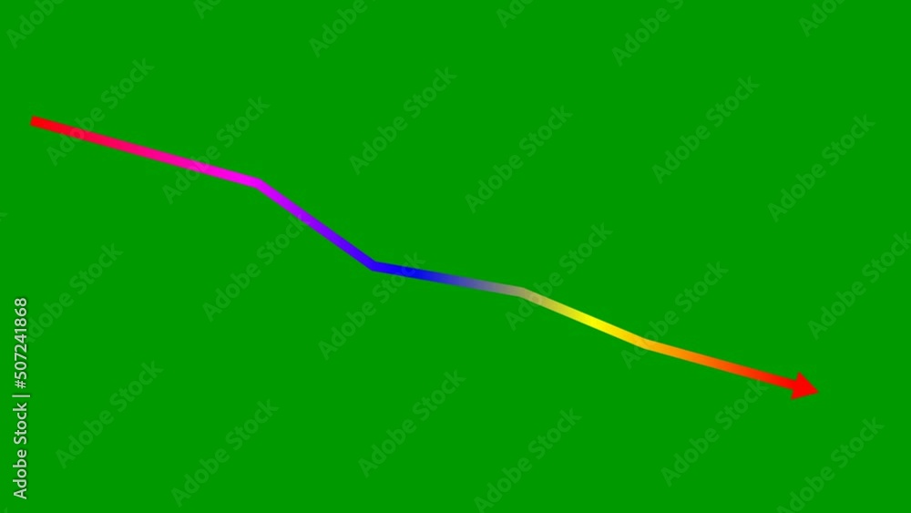 Animated multicolored arrow. Recession chart of economy. Economic crisis, recession, decrease graph. Profit down. Vector color illustration isolated on green background. Animated multicolored arrow. Recession chart of economy. Economic crisis, recession, decrease graph. Profit down. Vector color illustration isolated on green background.