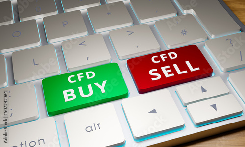 CFD (Contract for Difference) Trading - Stock Exchange. Keyboard with green and red key for BUY and SELL. Online trading, CFD trading and brokerage concept. 3D illustration photo