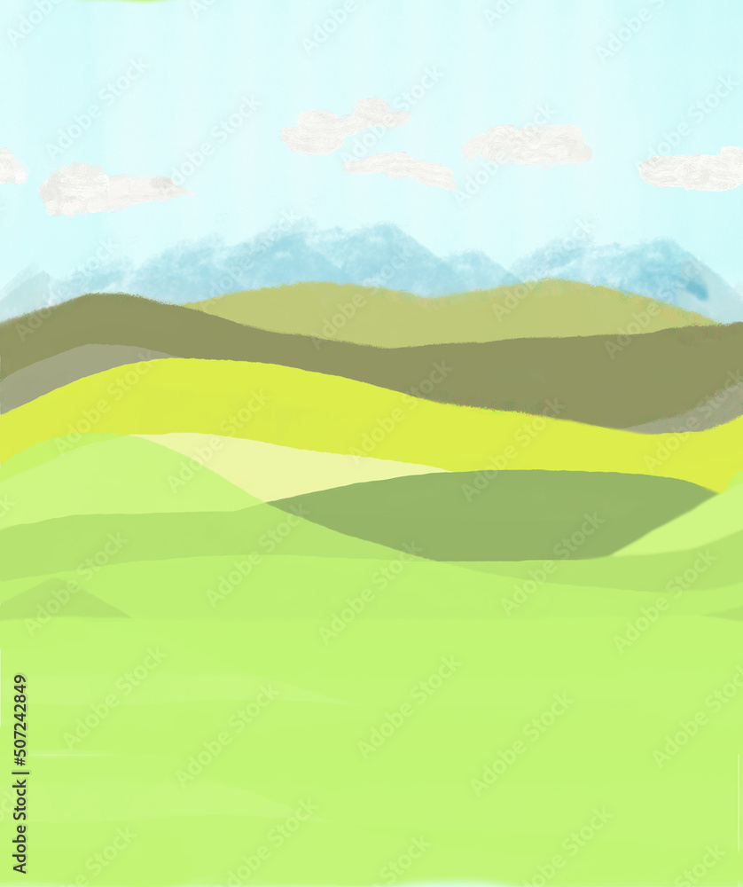 草原と草と山の横シームレス風景イラスト_背景_シームレス