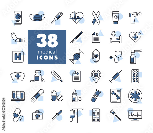 Medicine and healthcare, medical support icons set