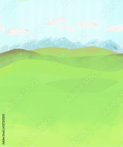 Horizontal seamless landscape illustration of meadows  grass and foggy mountains_background