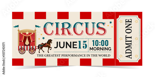 Circus ticket with magic cart - arena and horse.