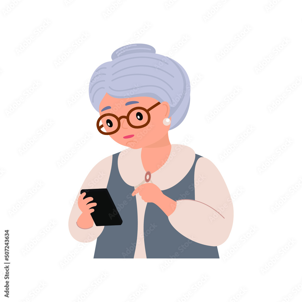 Vector character illustration of elderly woman talking on smartphone. Icon Grandmother using mobile phone. Family, mobile internet, social media, modern communication technology concept. Vector character illustration of elderly woman talking on smartphone. Icon Grandmother using mobile phone. Family, mobile internet, social media, modern communication technology concept.