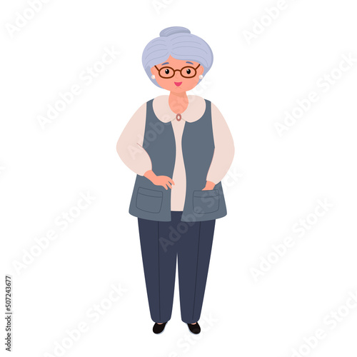 Beautiful grandmother. Friendly grandmother personage isolated on white background. Happy pension lifestyle vector illustration.