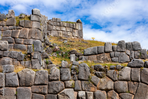 Saqsaywaman Inca archaeological site with large stone walls in Cusco, Peru. South America.  photo
