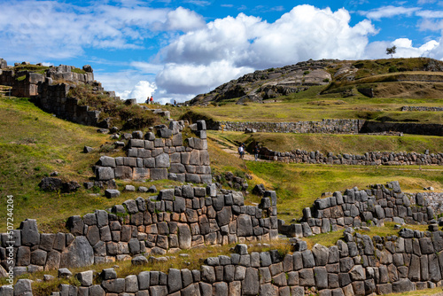 Saqsaywaman Inca archaeological site with large stone walls in Cusco, Peru. South America.  photo