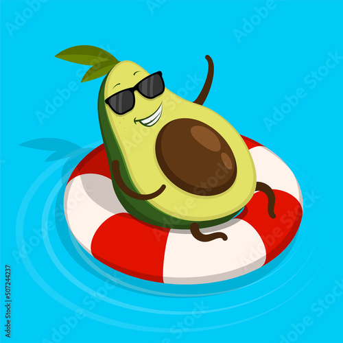 Cheerful avocado character in black glasses swims with life buoy and waves cheerfully, says hello from vacation at seaside resort. Cartoon vector isolated on white background