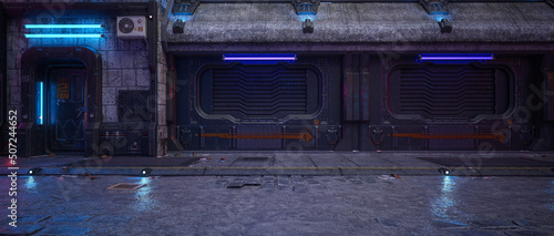 Fototapeta Naklejka Na Ścianę i Meble -  Futuristic wall and doorway with neon lights in a downtown city street at night. Cyberpunk concept panoramic 3D illustration.