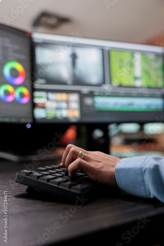 Obraz na plátně Close up shot of video graphic editor using specialized software to edit movie footage and improve visual quality