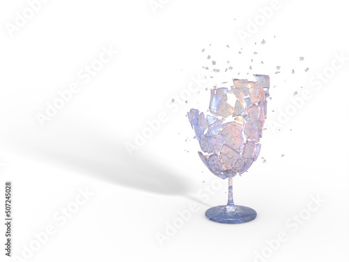 Smashed broken wine soda champagne glass. Concept design idea. Transparent old grunge shards with scratches. White background color with shadows. Teal orange light colors. 3D render.