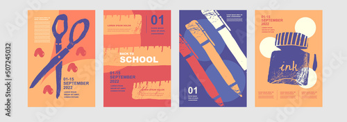 Scissors, ruler, pens, ink. Set of abstract, vector illustrations. Back to School. Elements and objects on school themes, simple background for poster. School backgrounds.