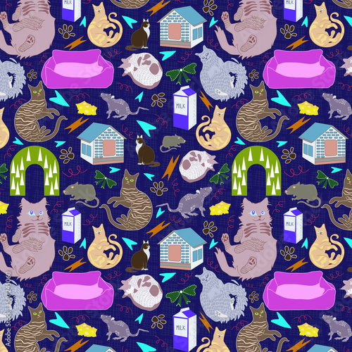 Cute cat cartoon life seamless pattern photo