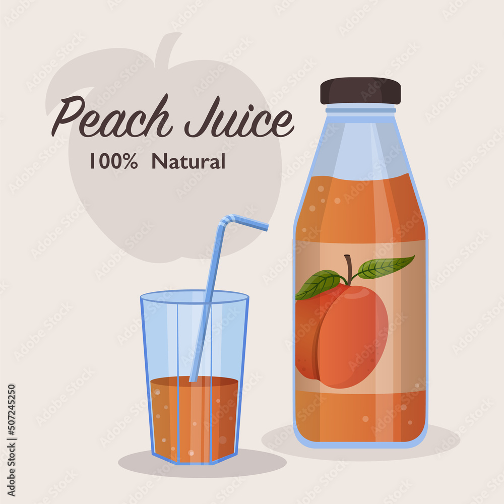 Fresh peach juice in glass bottle concept. Peach drop on juice splash and ripple Fresh peach juice in glass bottle concept. Peach drop on juice splash and ripple