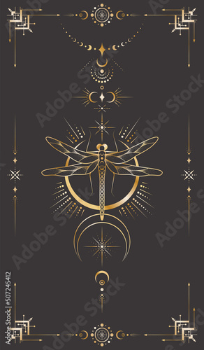 Vector mystic celestial background with a golden outline insect, stars, moon phases, crescents and a frame with arrows. Occult linear banner with a magical dragonfly. Black tarot card cover