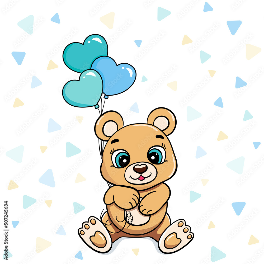 Obraz premium cartoon child teddy bear sits and holds balloons, congratulates on holiday. greeting card vector for boys