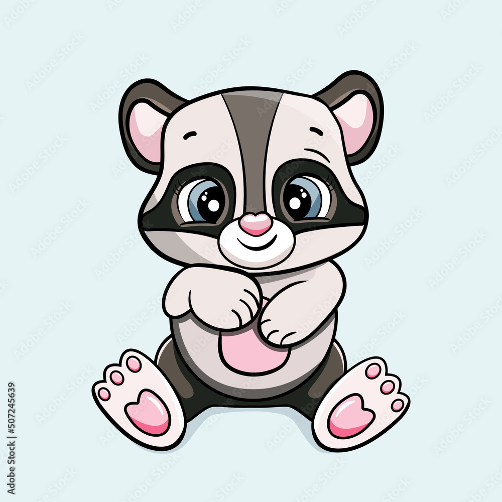 Naklejka premium happy cartoon cute baby raccoon bear sitting and laughing vector sticker illustration isolated. card for boys and girls