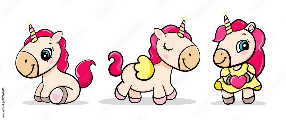 Obraz premium set cartoon child unicorn sit and holds heart, congratulates on holiday. greeting card vector isolated sticker for girls
