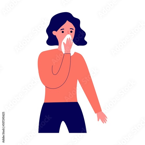 Young woman suffering from flu symptoms flat vector illustration. Cartoon infographic person sneezing and coughing. Sad woman concept