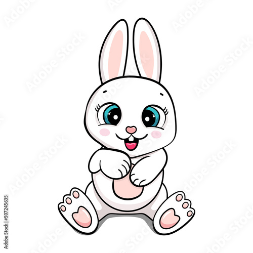 happy cartoon cute baby bunny sitting and laughing vector sticker illustration isolated. card for boys and girls © vika33