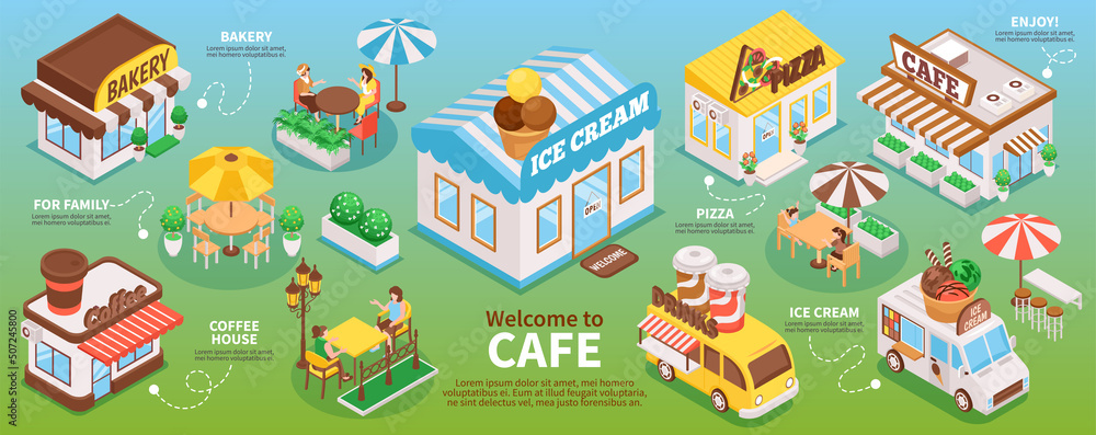 Obraz premium Isometric Street Cafe Infographics