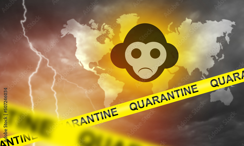 Monkeypox quarantine. Monkeypox logo with world map. Yellow quarantine