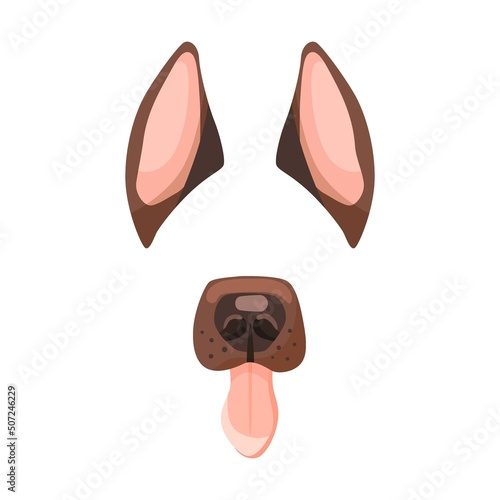Effect with German shepherd dog face for selfies vector illustration. Mask with animal ears, noses and muzzles for video chat or mobile app