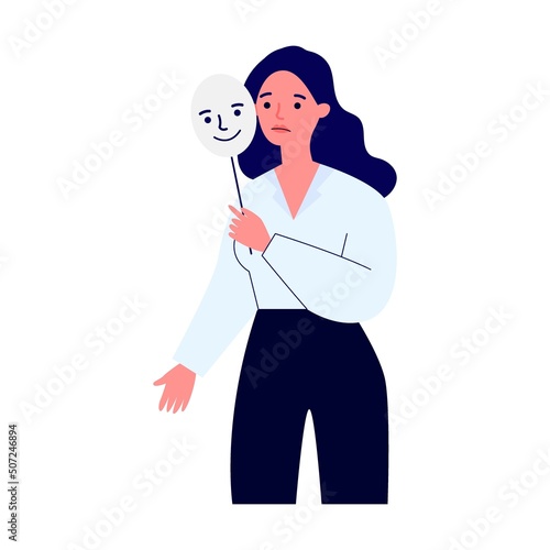 Girl holding positive mask on stick. Sad people covering unhappy faces. Vector illustration for emotion, personality, psychology