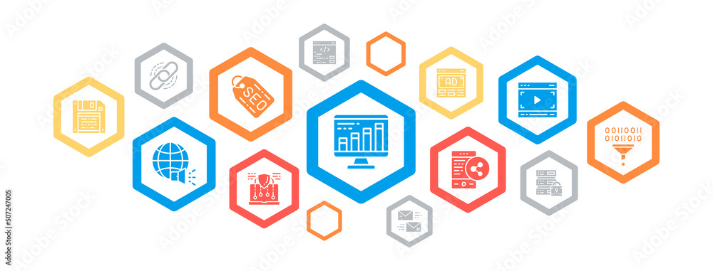 SEO color icon banner design. Bookmark, Hosting, Hyperlink, Advertisement, Data Transfer flat vector illustration. SEO color icon banner design. Bookmark, Hosting, Hyperlink, Advertisement, Data Transfer flat vector illustration.