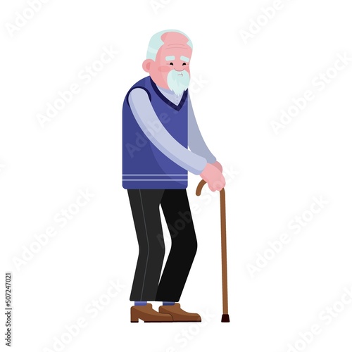 Senior man with cane walking with grandchildren. Grey haired grandpa, happy boy and girl flat vector illustration. Family, relations concept for banner