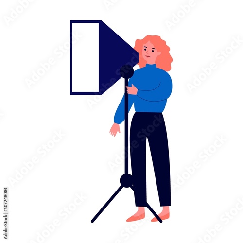 Lighting assistant woman. TV studio making news flat vector illustration. Backstage crew with cameras shooting desk with newscasters. Show and social media