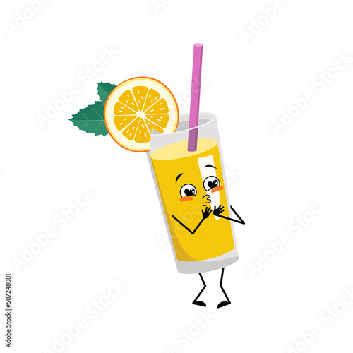 Orange smoothie with fruit and straw character with love emotions, smile face, arms and legs. Healthy drink in glass with funny expression and pose. Vector flat illustration