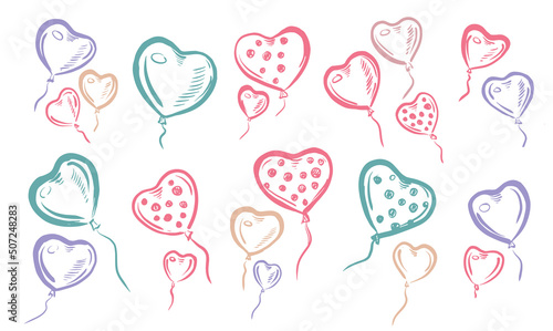 Hearts balloons hand drawn illustration.