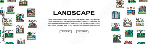 Landscape horizontal colorful banner. Bridge, Forest, Garden, Volcano, Windmill illustration. Web banner layout template.