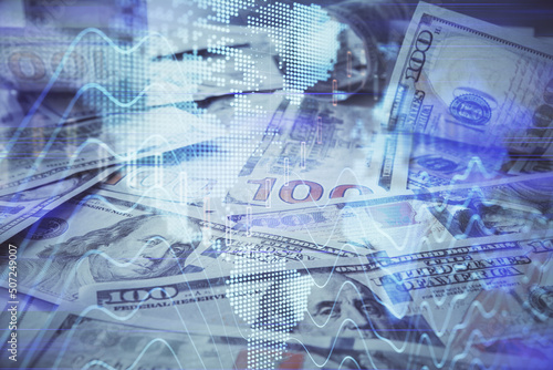 Multi exposure of forex chart drawing over us dollars bill background. Concept of financial success markets.