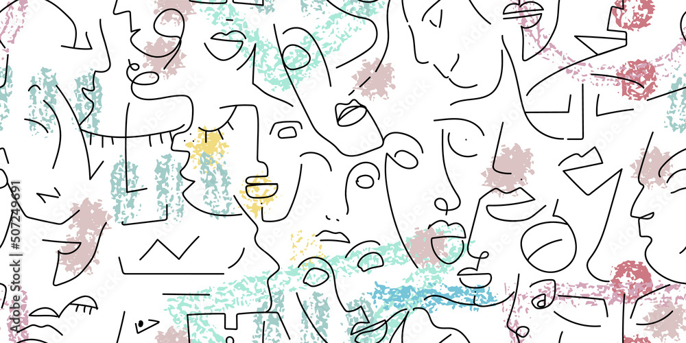 One line drawing. Abstract face seamless pattern. One line drawing. Abstract face seamless pattern.