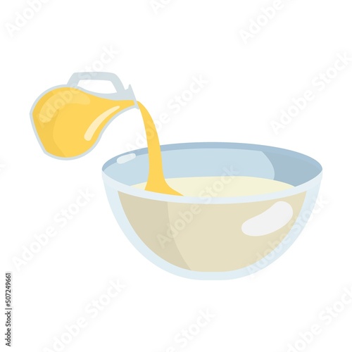 Pours olive oil. Process of cooking cake or pie cartoon illustration. Adding ingredients in bowl step by step. Preparation concept