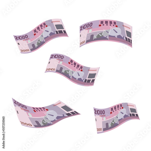 New Taiwan Dollar Vector Illustration. Taiwanese money set bundle banknotes. Falling, flying money 2000 TWD. Flat style. Isolated on white background. Simple minimal design