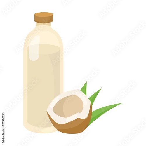 Glass jug with coconut oil. Bottle of vegetable oils cartoon illustration isolated on white background