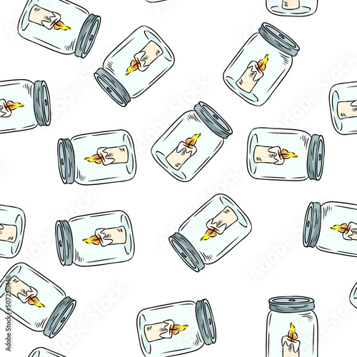 Cute cartoon glass mason jars with candles doodles seamless border pattern. Vector repeatable background texture tile. Cozy template of stock illustration for wrapping design, wallpaper