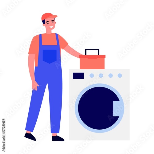 Happy servicemen repairing washing machine. flat vector illustration. Electrician, mechanic or repairer at work. Repair and maintenance concept