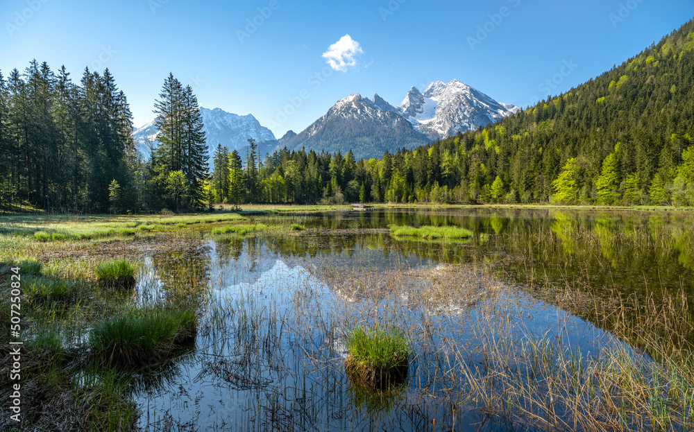 Idyllic Bavarian Alpine landscape, Taubensee in Ramsau, Berchtesgaden, Bavaria, Germany