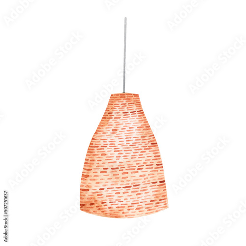 Watercolor drawing of a wicker ceiling lamp isolated on a white background. Boho interior.