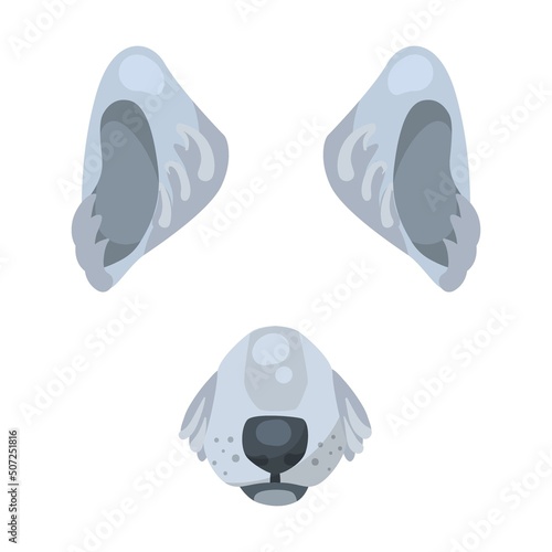 Effect with wolf puppy face for selfies vector illustration. Mask with animal ears, noses and muzzles for video chat or mobile app