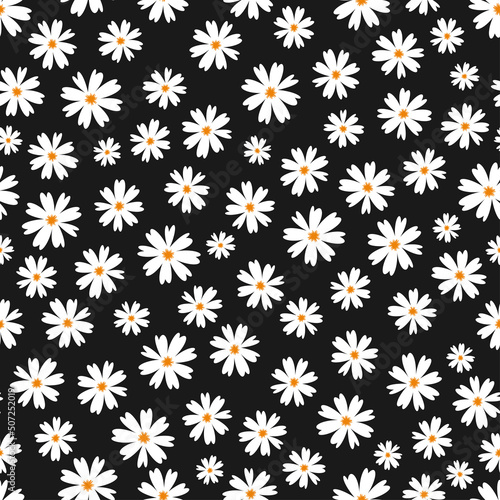 White doodle chamomile or daisy flowers isolated on black background. Hand drawn floral seamless pattern vector illustration. Great for textile, paper, baby girl, fabric, gift wrap and more. © Sabina