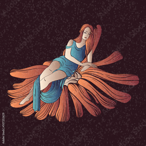 beautiful girl in art nouveau style in the form of a nymph or fairy, hand-drawn with a calligraphy brush, sitting on a flower