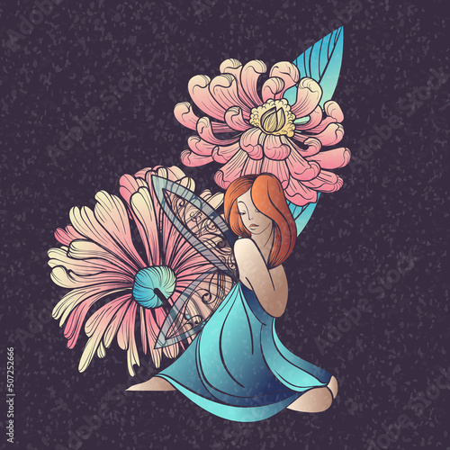 beautiful girl in art nouveau style in the form of a nymph or fairy, hand-drawn with a calligraphy brush, sitting on a flower