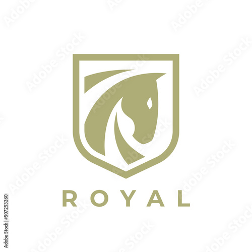 Horse shield logo. Stallion shield icon. Royal equine stables sign. Equestrian badge symbol. Vector illustration.