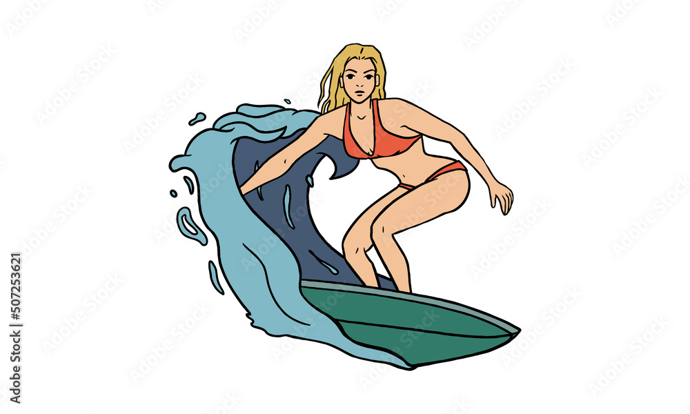 Hand Drawn Surfer Girl Colored