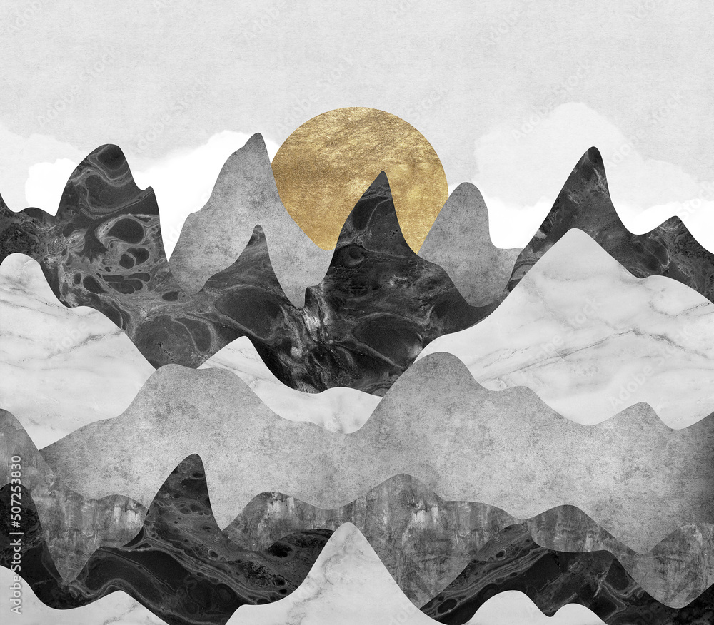 Art black and white mountains landscape background with gold sun. Canvas  and marble tuxture. Background for poster, wallpaper, abstract fashion  Stock Illustration | Adobe Stock
