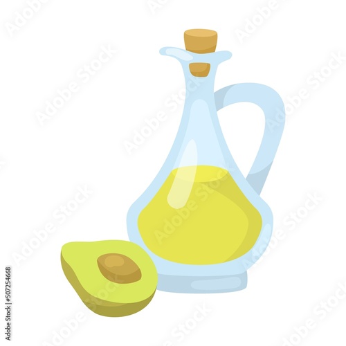 Glass jug with avocado oil. Bottle of vegetable oils cartoon illustration isolated on white background